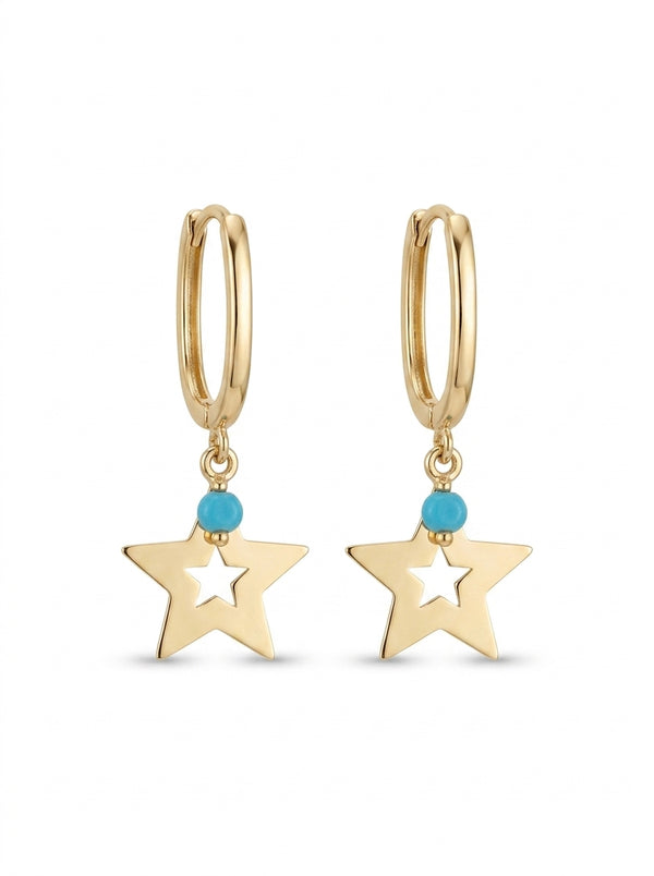 Huggies de oro 14k diseño de estrella con turquesa 5621