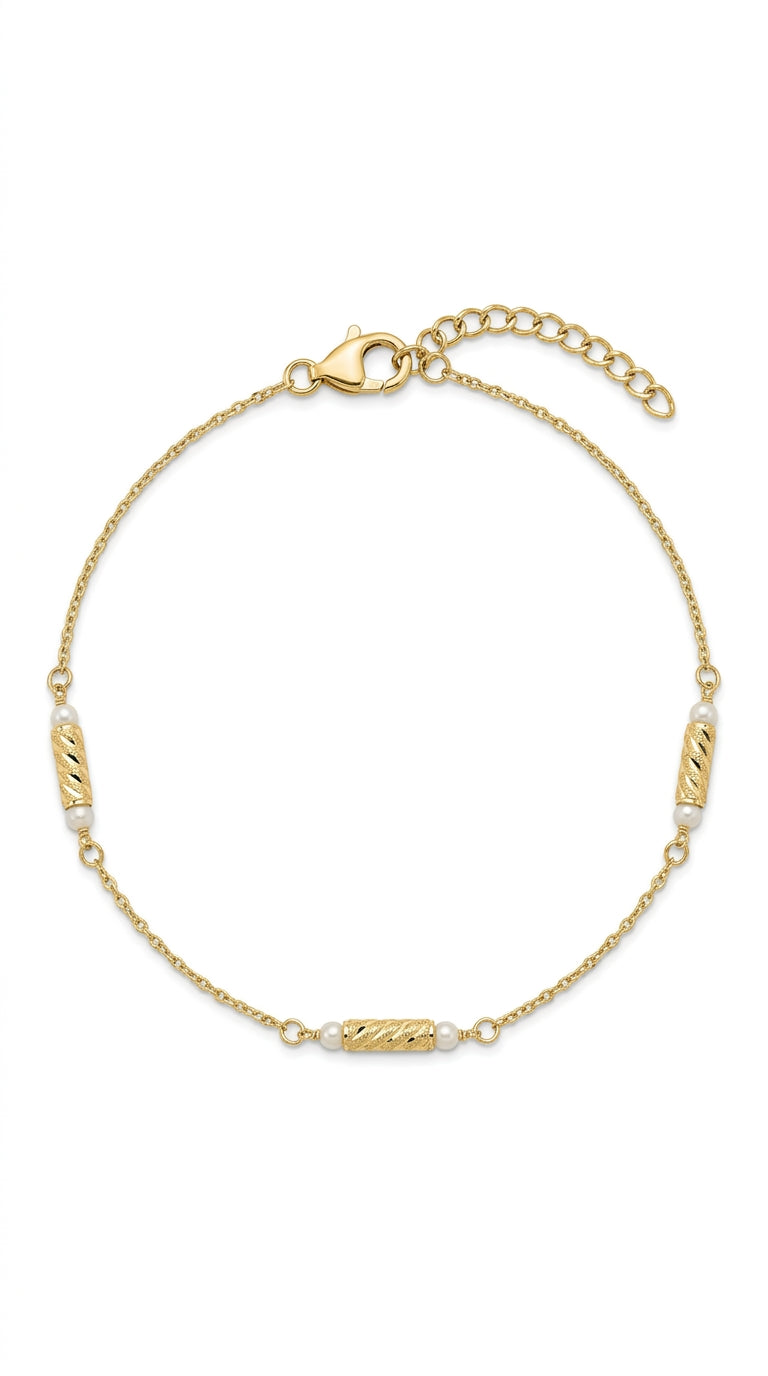 Pulsera Delicada con Perlas y Barras Texturizadas en Oro 14K - 18 cm
