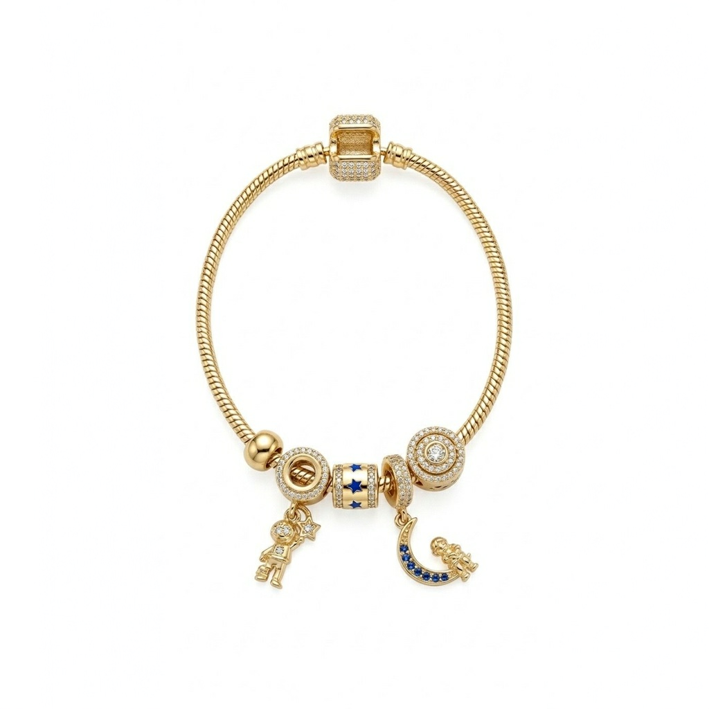 Pulsera de oro 14k cola de rata con charms viaje al espacio Mod LM5083 - 18 cm
