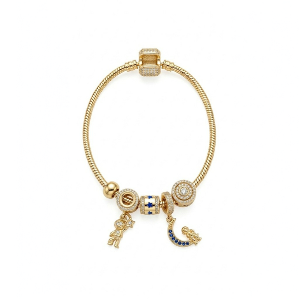 Pulsera de oro 14k cola de rata con charms viaje al espacio Mod LM5083 - 18 cm