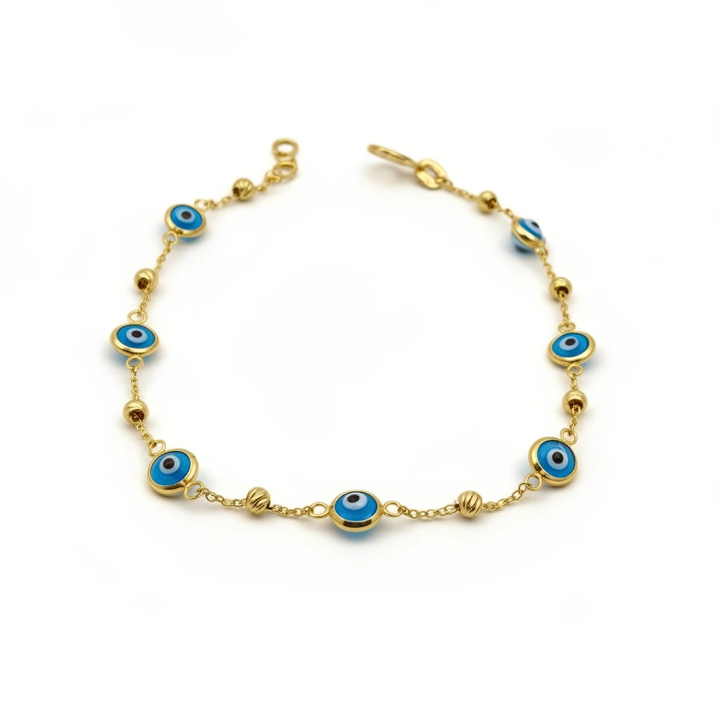 pulsera de oro 14k con ojos turco azul cielo -18 cm