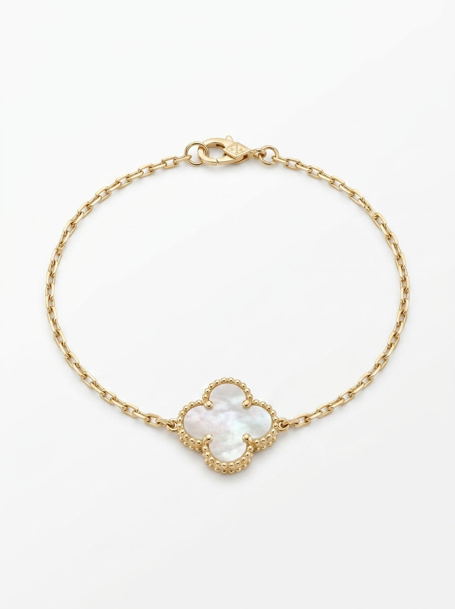 Pulsera de oro 14k diseño de trébol inspirada en diseñador con madre perla Mod 5790 - 18 cm