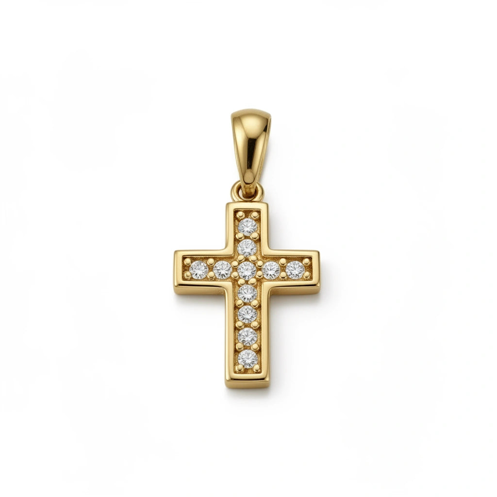 Dije de cruz pequeña de oro 14k con incrustaciones de circonias Mod. 1401AL - 1 cm