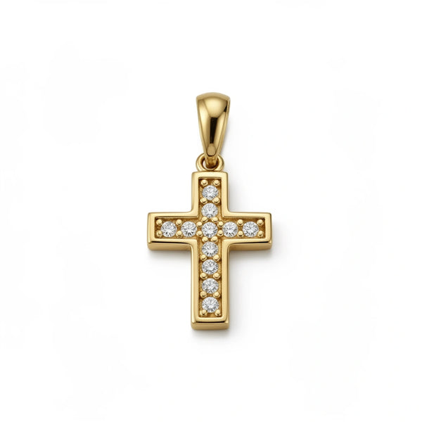 Dije de cruz pequeña de oro 14k con incrustaciones de circonias Mod. 1401AL - 1 cm