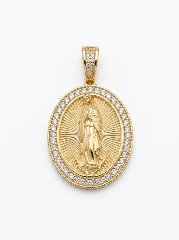 Medalla de oro 14k sólida diseño de la virgen con circonias Mod LM5153 - 2.5 cm