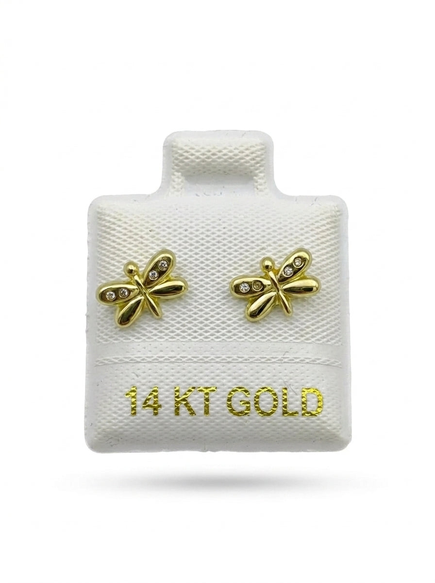 Broquel de oro 14k diseño de mariposas con circonias Mod LM5255 (de bolitas)