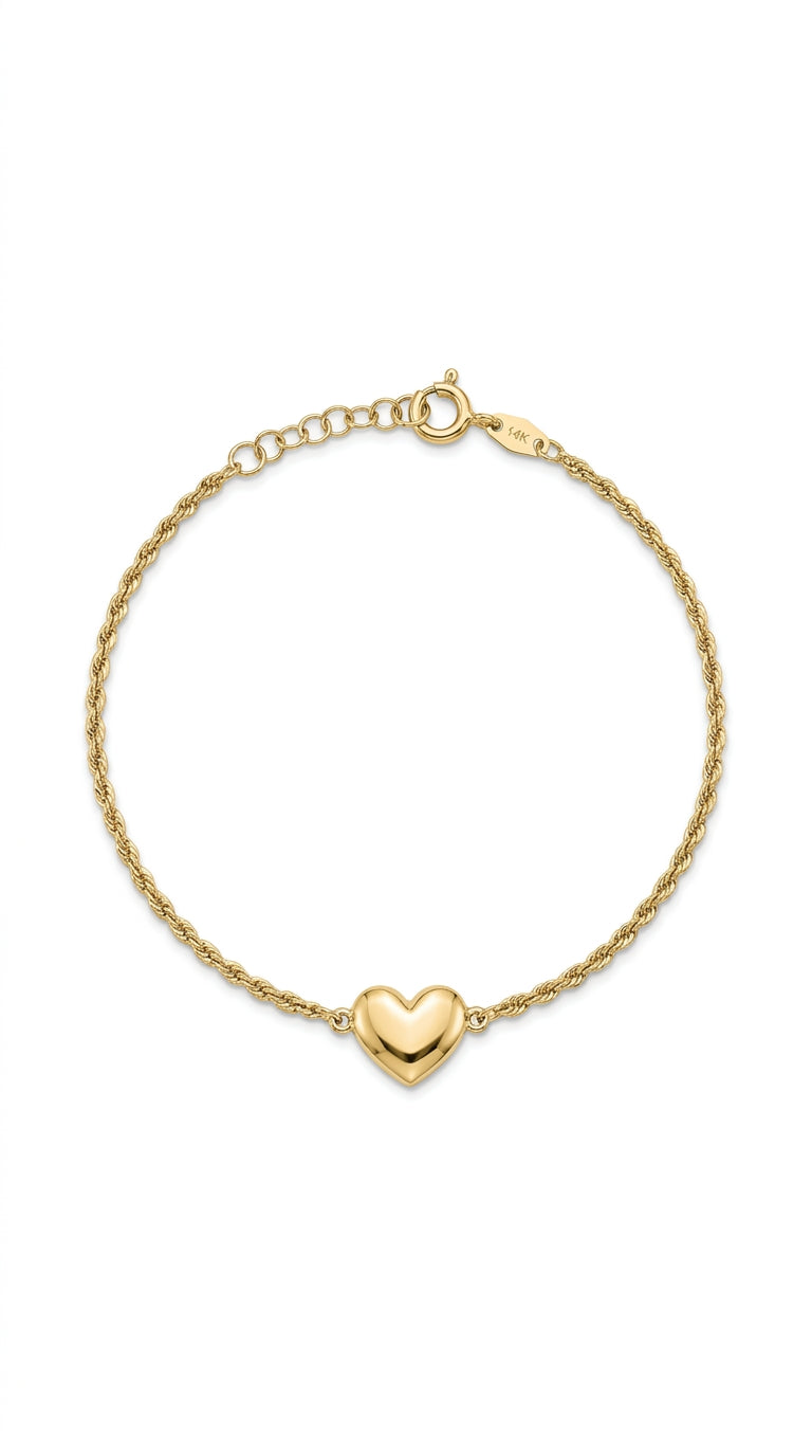 Pulsera de oro 14k tejido torsal con corazón inflado LM5090 - 18 cm