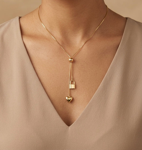 Gargantilla de oro 14k tipo corbatín diseño de corazón con candado Mod 5683 - 45 cm