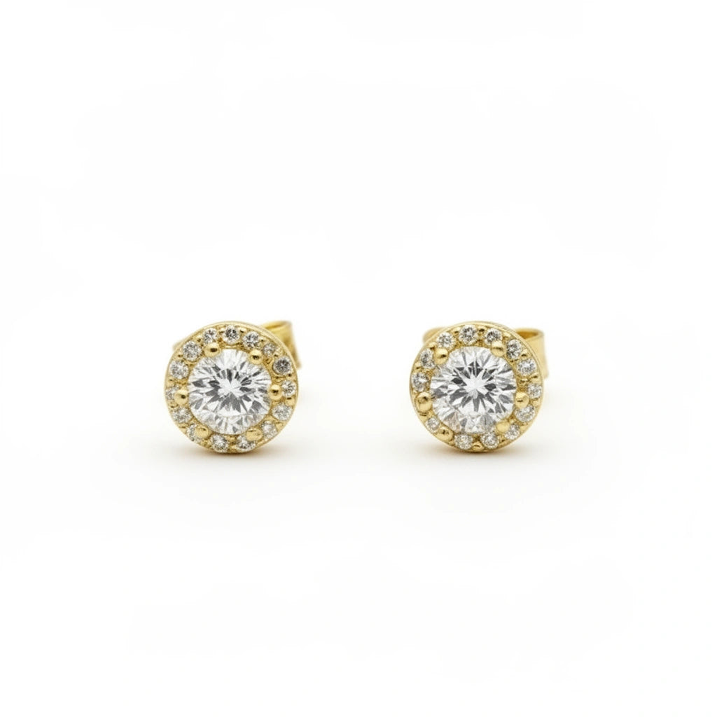 Aretes de oro 14K con circonia central y halo redondo Mod. 898