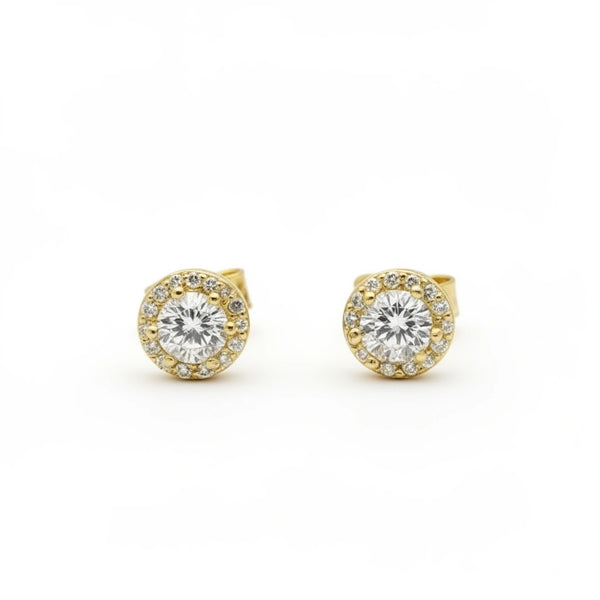 Aretes de oro 14K con circonia central y halo redondo Mod. 898