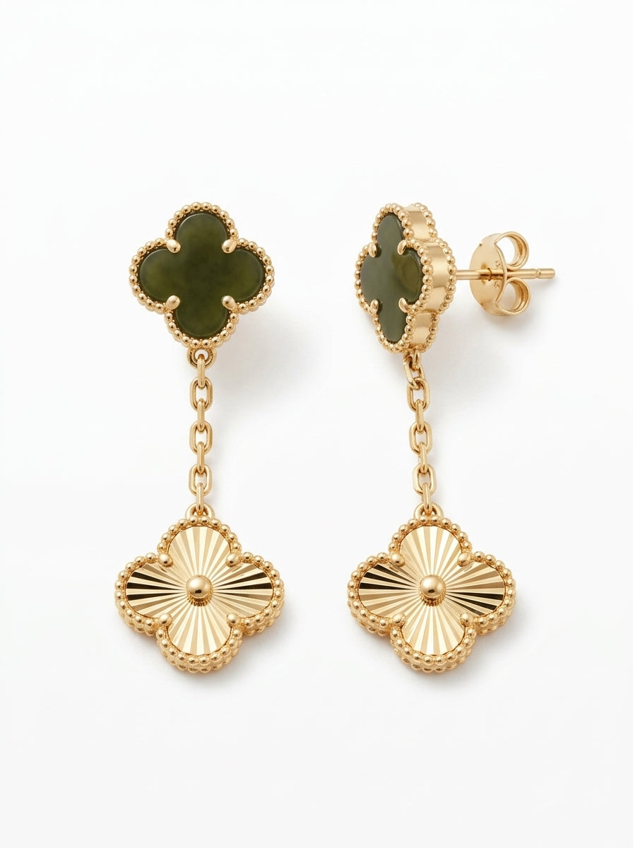 Aretes largos de oro 14k de tréboles olivo y dorado Mod 5942 - 3.5 cm