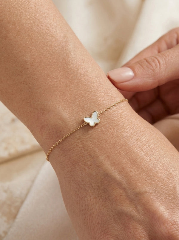 Pulsera de oro 14k diseño de mariposa de madre perla 5603- 18 cm