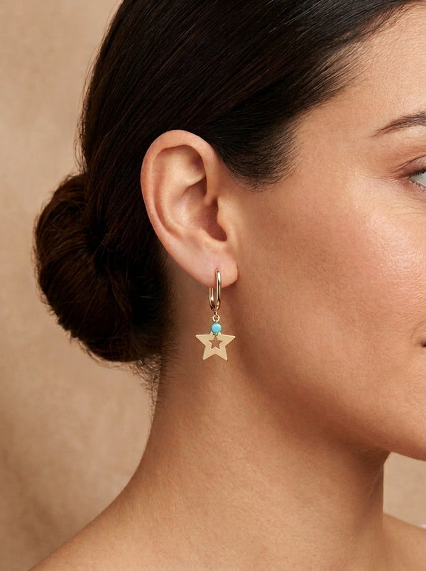 Huggies de oro 14k diseño de estrella con turquesa 5621