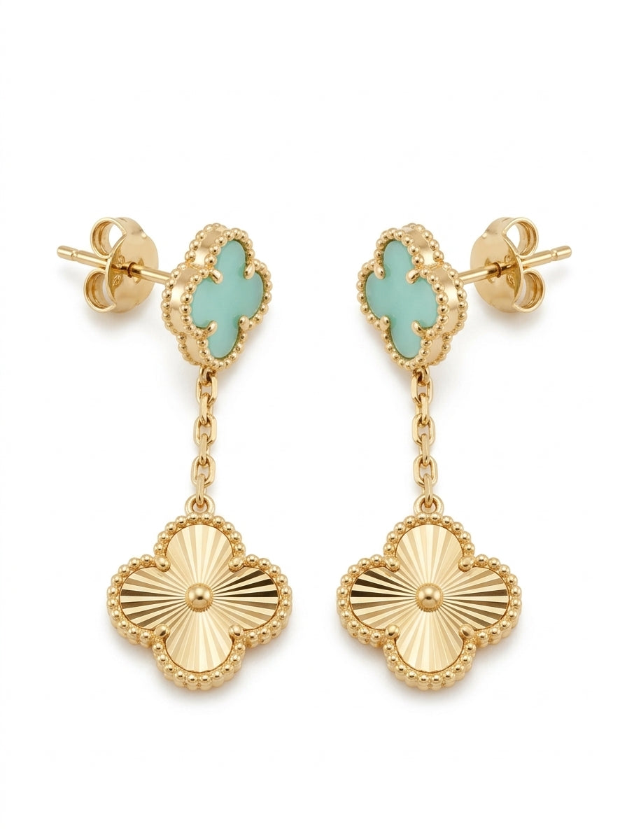 Aretes largos de oro 14k de tréboles turquesa y dorado Mod 5942 - 3.5 cm