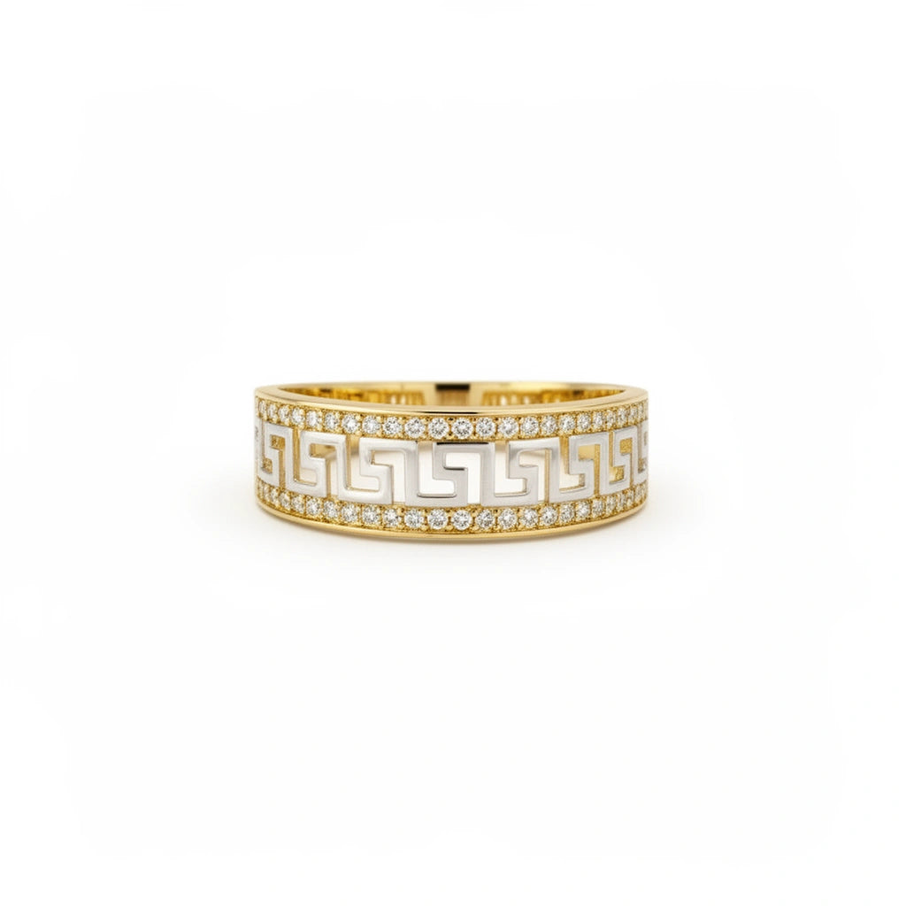 Anillo de greca bicolor de oro 14k con incrustaciones de circonias Mod.