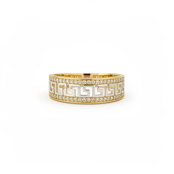 Anillo de greca bicolor de oro 14k con incrustaciones de circonias Mod.