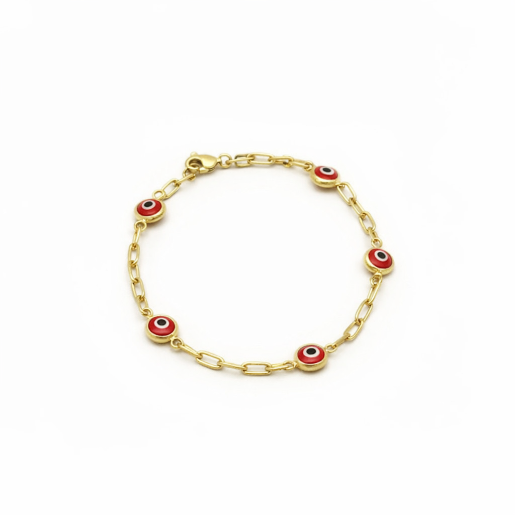 Pulsera clip de oro 10k con ojos turcos rojos - 18 cm