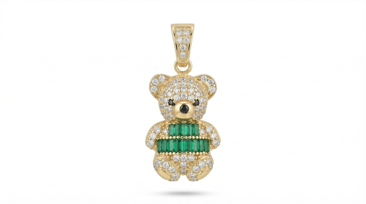 Dije de oro 10k de oso con circonias cortes baguette verdes - 2.3 cm