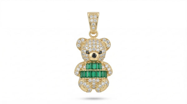 Dije de oro 10k de oso con circonias cortes baguette verdes - 2.3 cm