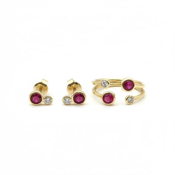 Set de aretes y anillo de oro 14k con circonias rojas y blancas (ajustable)