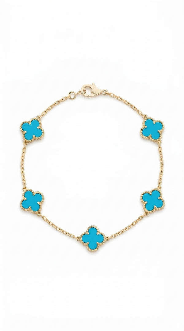Pulsera de oro 14k de trébol mediano con piedra turquesa - 18 cm x 1 cm