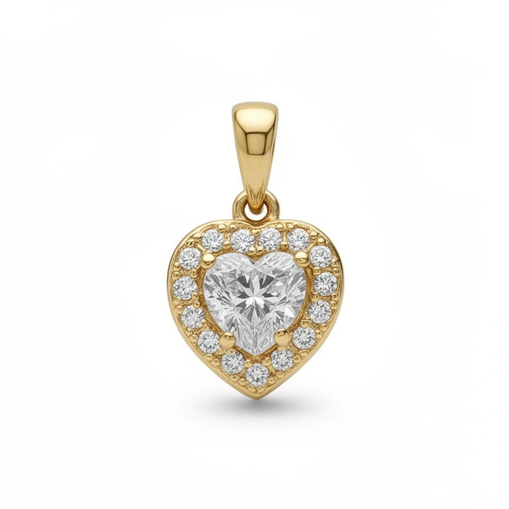 Dije de oro 14k piedra halo de corazón con incrustaciones de circonias -1 cm