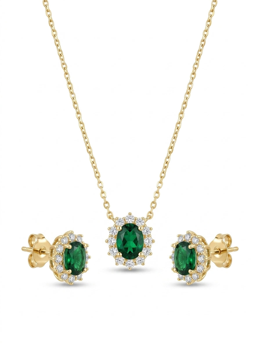Juego de oro 14k con circonias verdes y blancas corte oval mod 5533