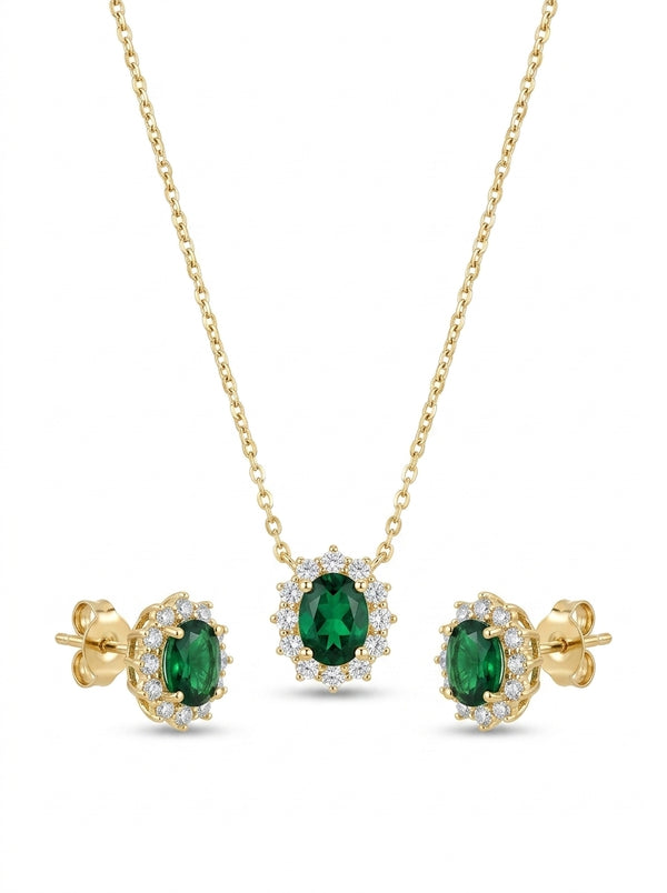 Juego de oro 14k con circonias verdes y blancas corte oval mod 5533