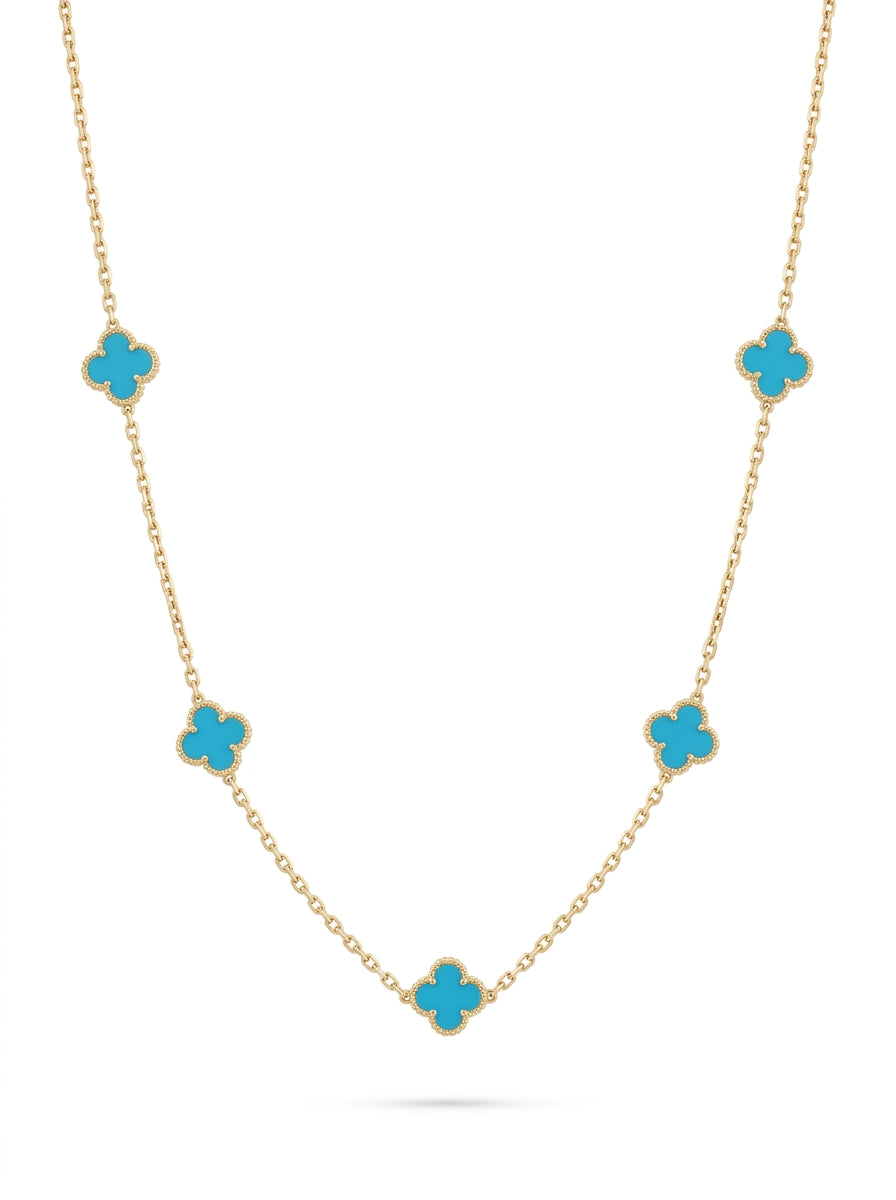 Gargantilla de oro 14k diseño de tréboles turquesa mod 5818 - 45 cm
