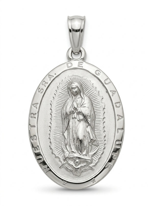 Medalla de oro blanco 14k diseño de la virgen de Guadalupe ovalada Mod 5438 - 2.5 cm