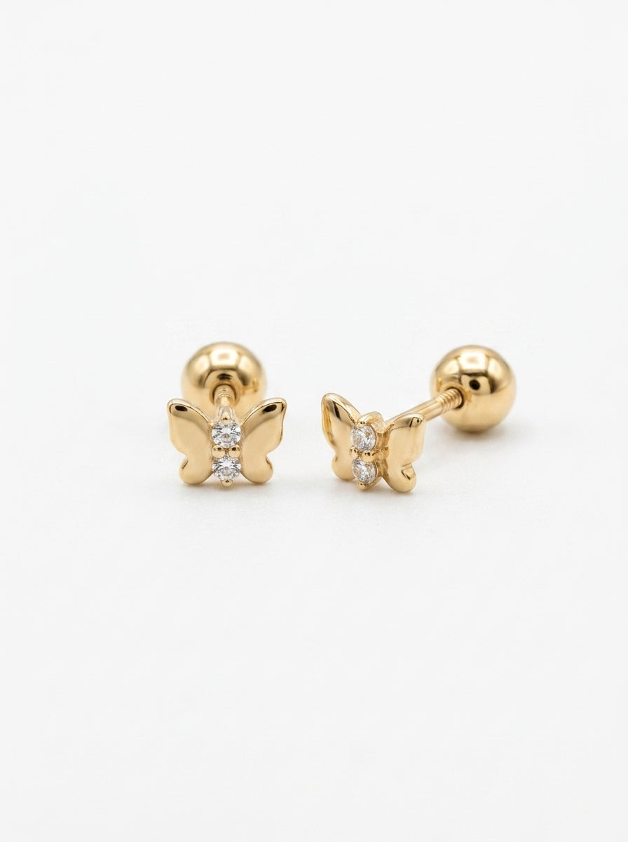 Broquel de oro 14k con diamantes naturales diseño mariposas Mod LM5293
