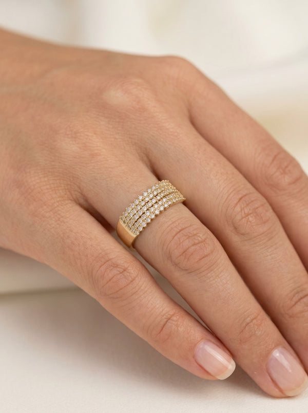 Anillo de oro 14k diseño lluvia de estrellas con circonias mod 5812