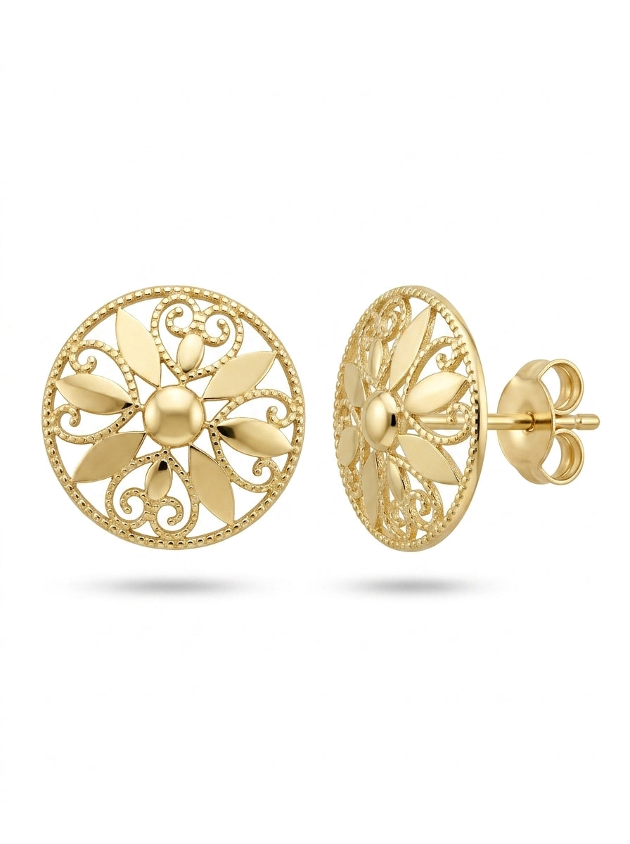 Aretes de oro 14k diseño de mandala tipo filigrana calado Mod LM5308
