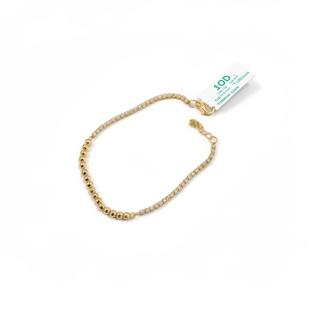 Pulsera Oro 10K Media Tennis con bolitas huecas Ajustable - 18 cm