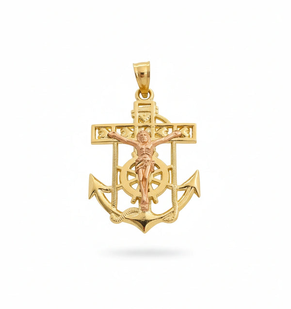 Dije ancla con Cristo en oro 14k Bicolor