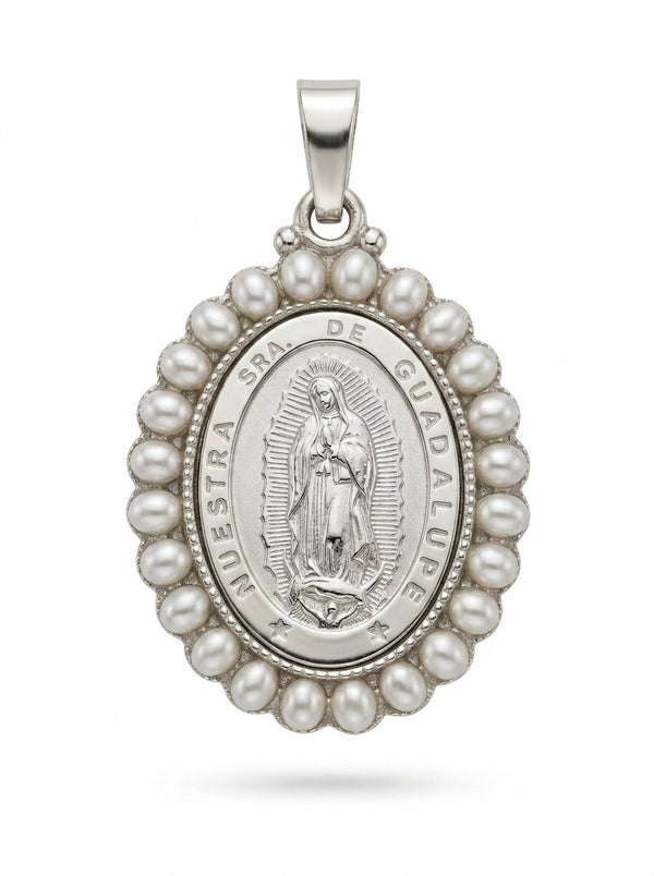 Medalla de oro blanco 14k diseño de la virgen de Guadalupe con perlas Mod 5437 - 2 cm