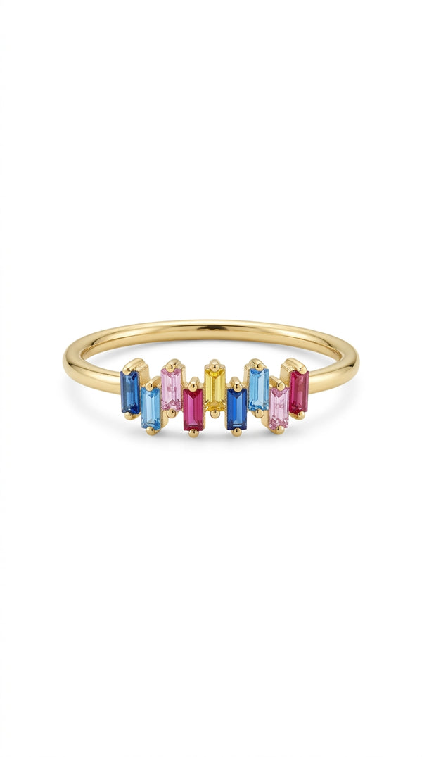 Anillo de Oro 14K con Circonias Baguette Multicolor