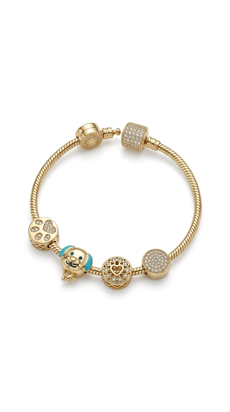 Pulsera de oro 14k cola de rata con charms de perrito Mod LM5084 - 18 cm
