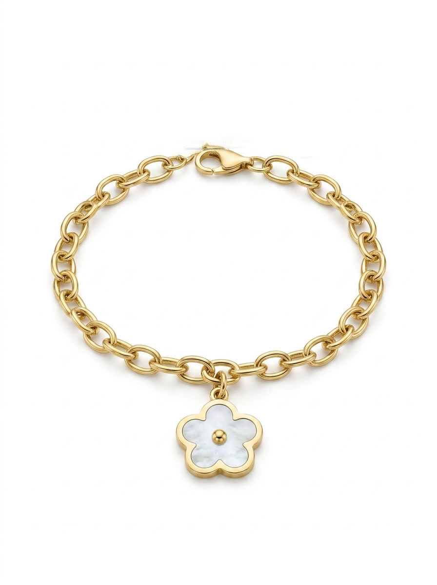 Pulsera de oro 14k diseño de margarita de piedra madre perla Mod LM5279 - 18 cm