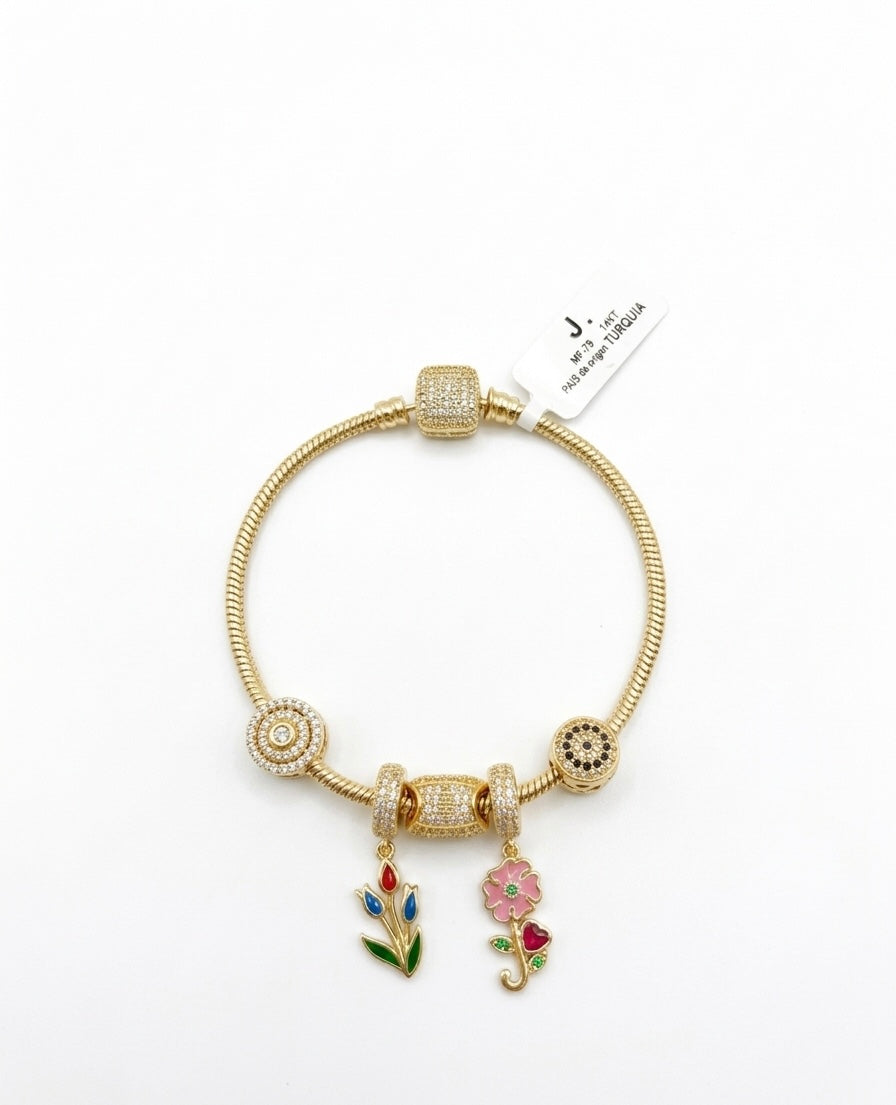 Pulsera de oro 14k cola de rata con charms de flores Mod LM5086 - 18 cm