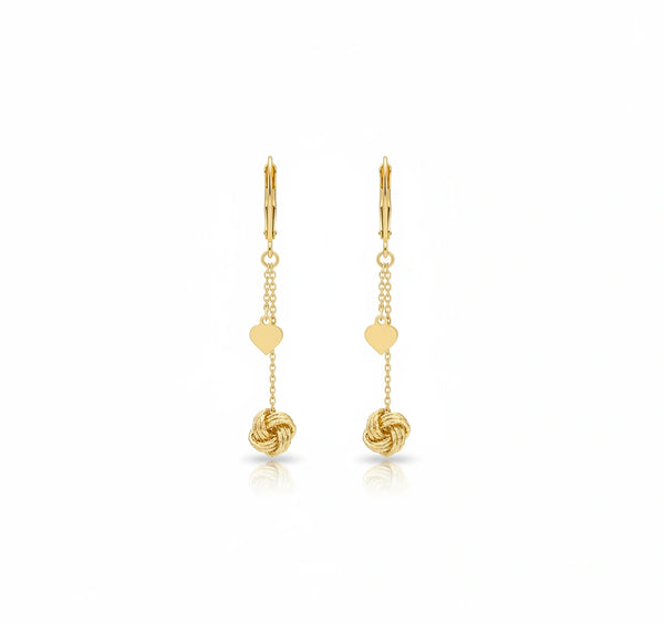 Aretes de nudo con caída y corazón en oro 14k
