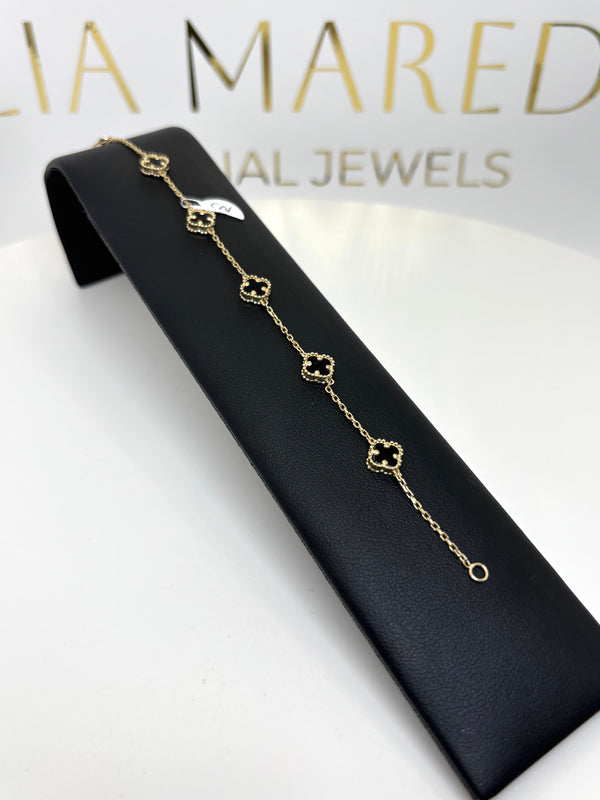 Pulsera de tréboles pequeños de oro 14k con piedra natural negras Onix