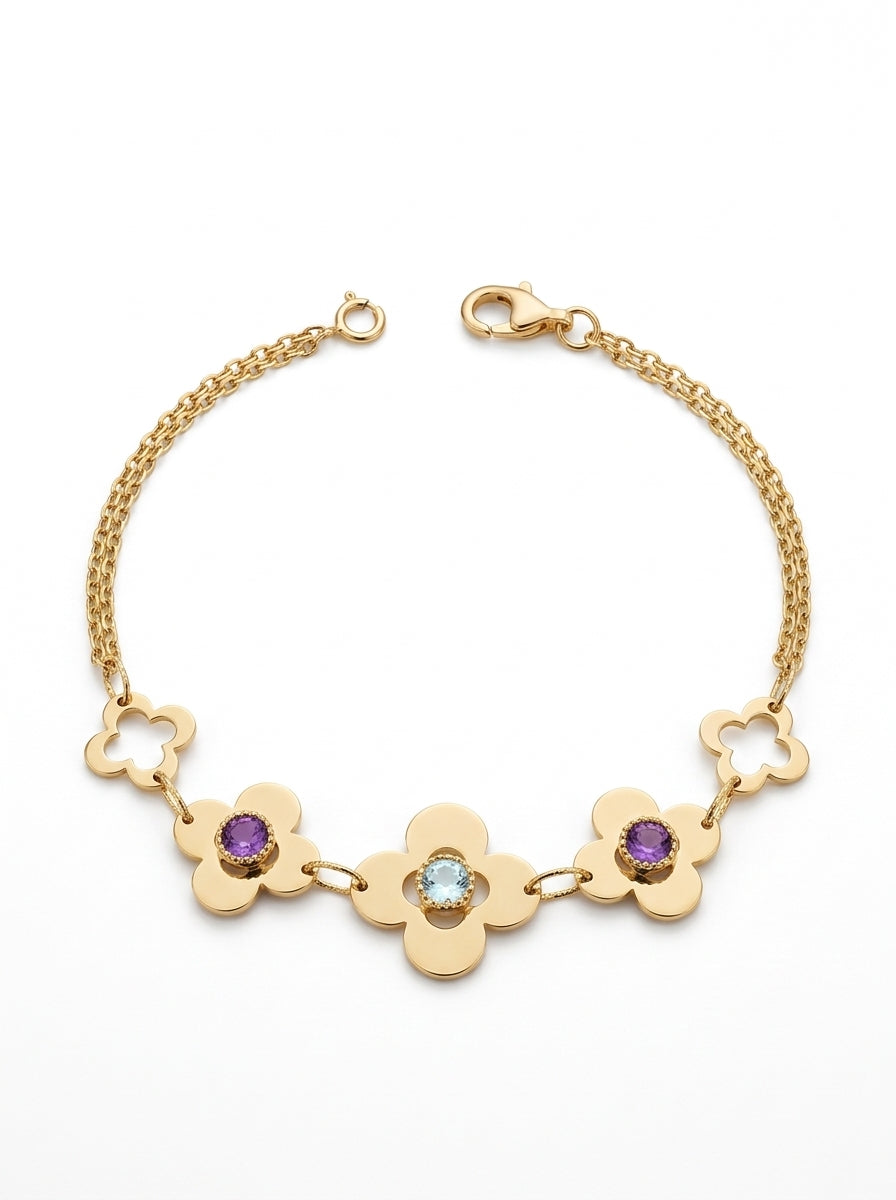 Pulsera de oro 14k doble cadena con flores de piedra morada y verde agua Mod 5992 - 18 cm