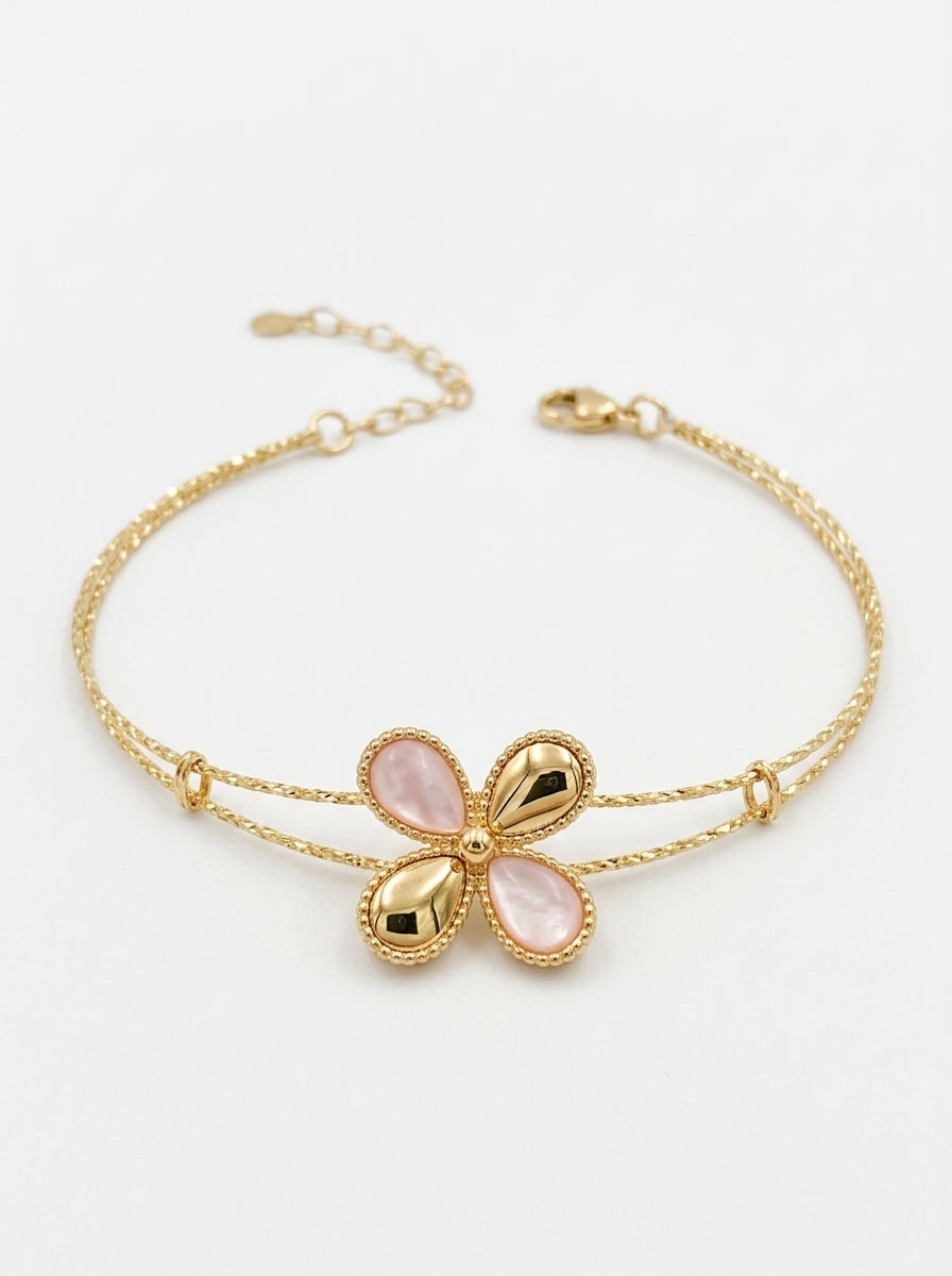 Pulsera de oro 14k doble hilo diamantado con flor rosa Mod 5994 - 18 cm