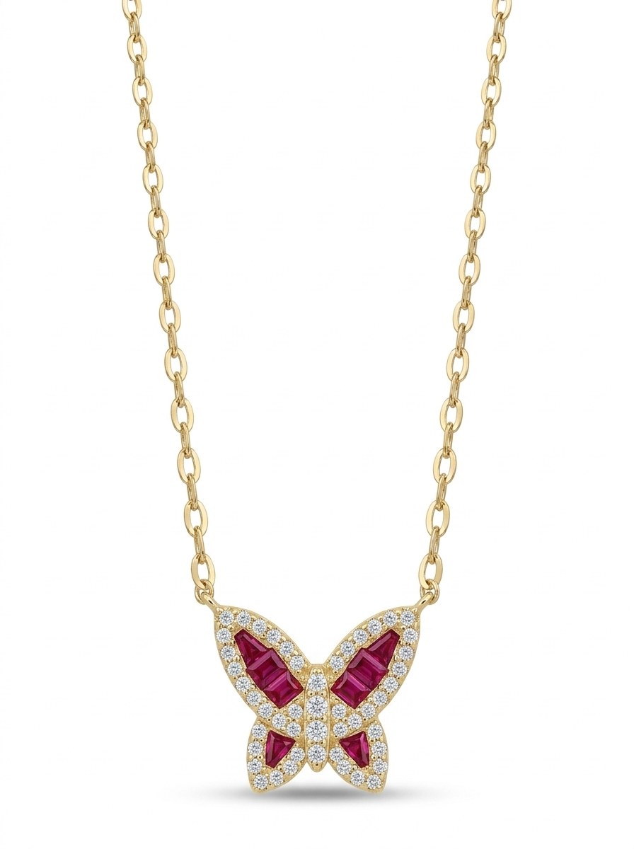 Gargantilla de oro 14k con mariposa de circonias rojas y blancas Mod 6000 - 45 cm