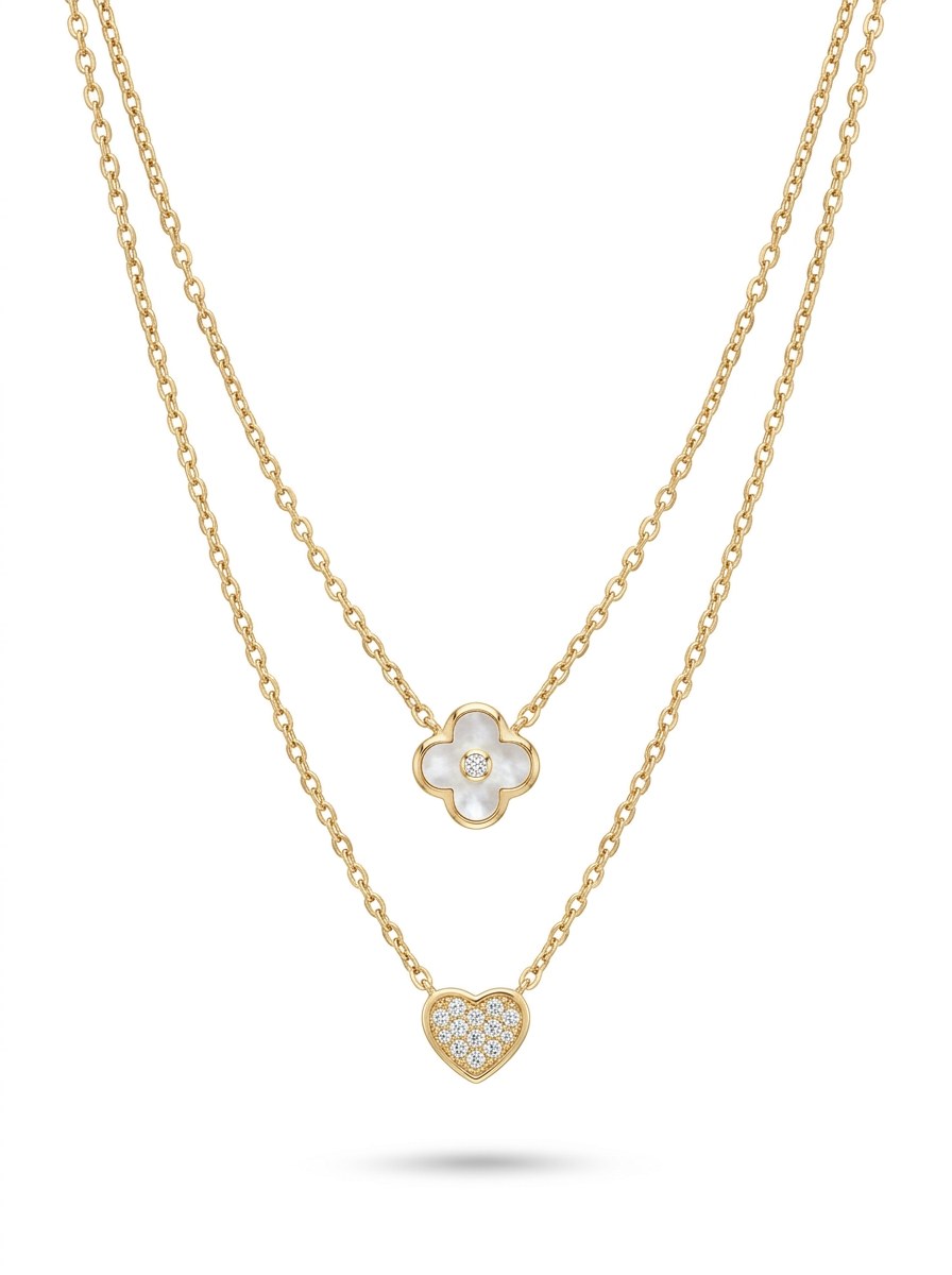 Gargantilla de oro 14k doble cadena con dije de trébol de madre perla y dije de corazón con circonias Mod 6004 - 45 cm