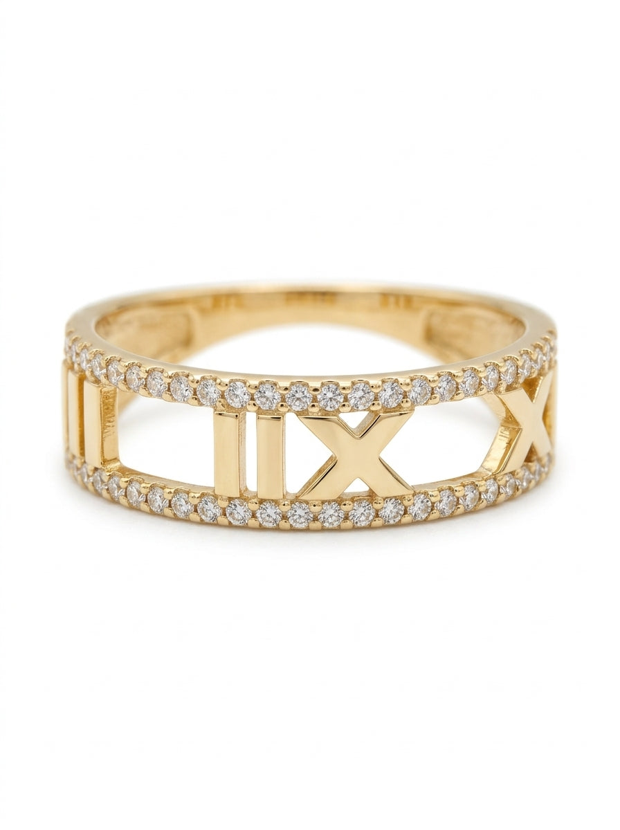 Anillo de oro 10k diseño con números romanos calados y dos filas de circonias Mod 6009
