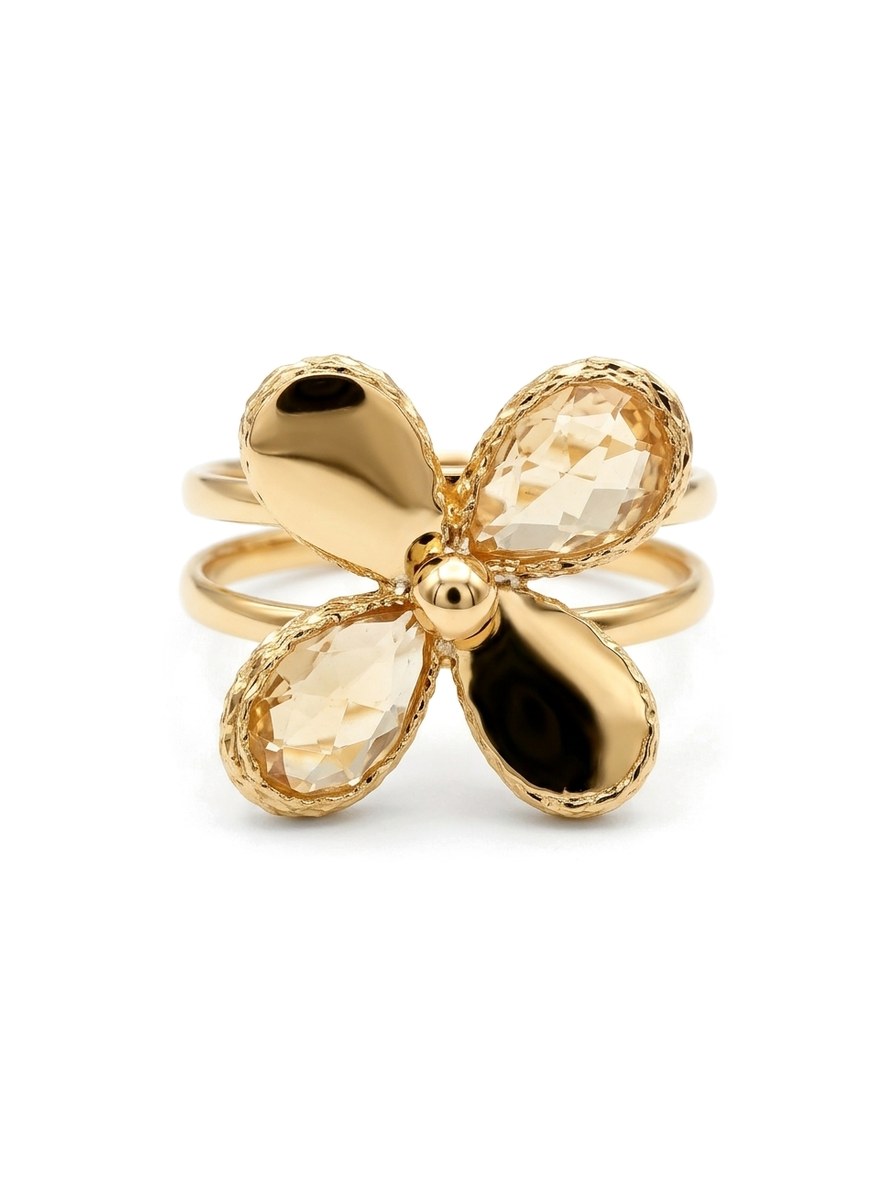 Anillo de oro 14k diseño de flor con circonias champaña y doble aro Mod 6022