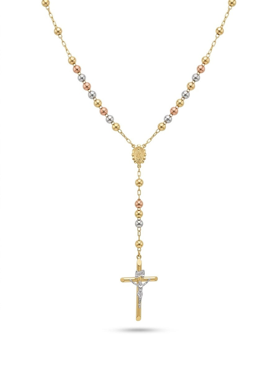 Rosario de oro 14k tres colores de bola lisa para caballero Mod 6078 - 65 cm x 5 mm