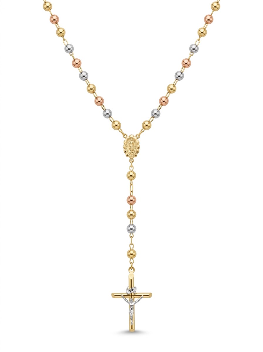 Rosario de oro 14k tres colores de bola lisa para dama Mod 6079 - 50 cm x 5 mm